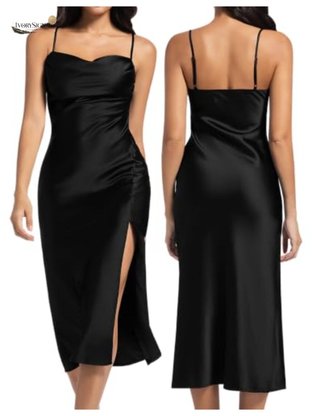 Satin Midi Slip Dress Sleeveless Cowl Neck Backless Wedding Guest